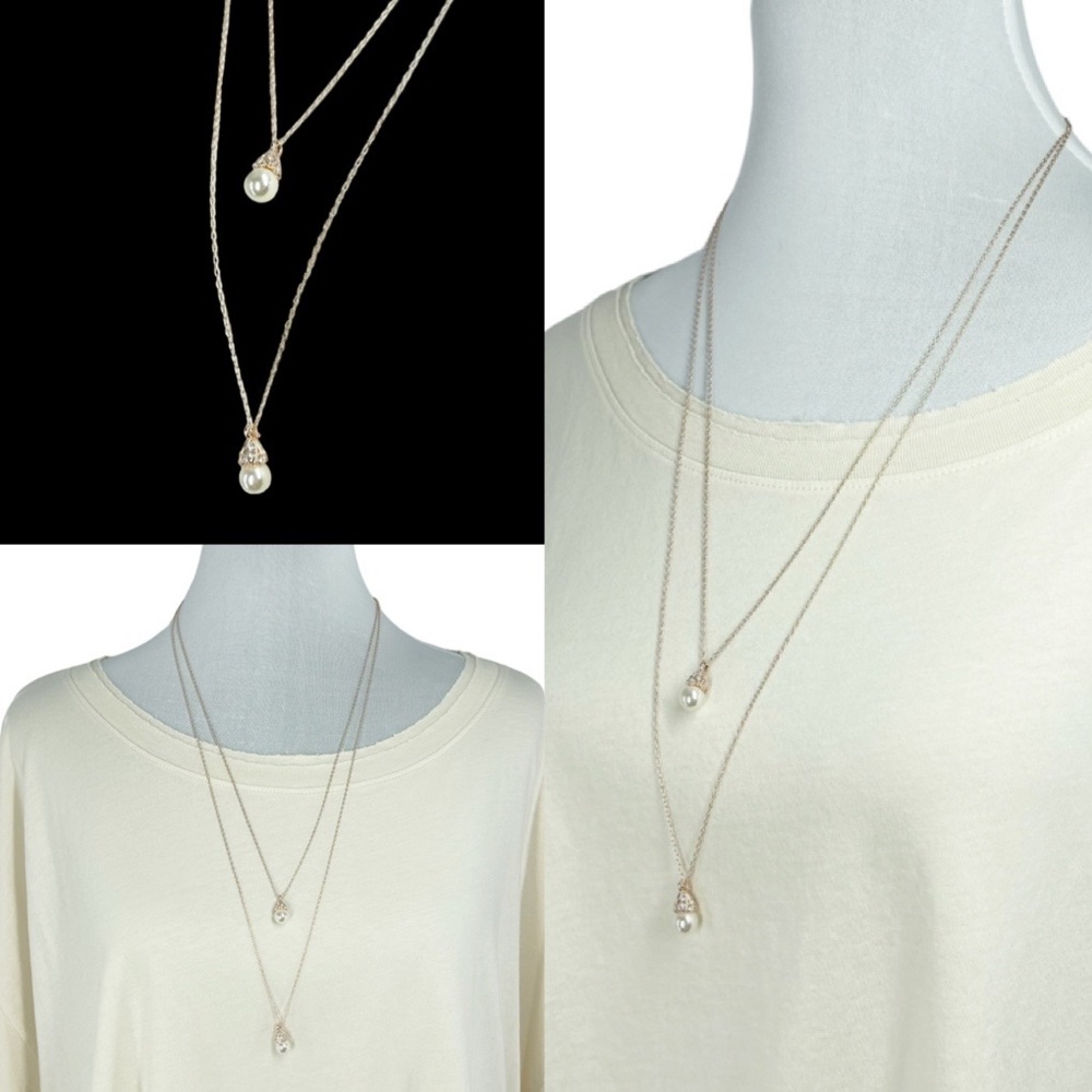 Romantic Rose Gold and Pearl Layered 2 Tier Link Chain Long Necklace NWOT